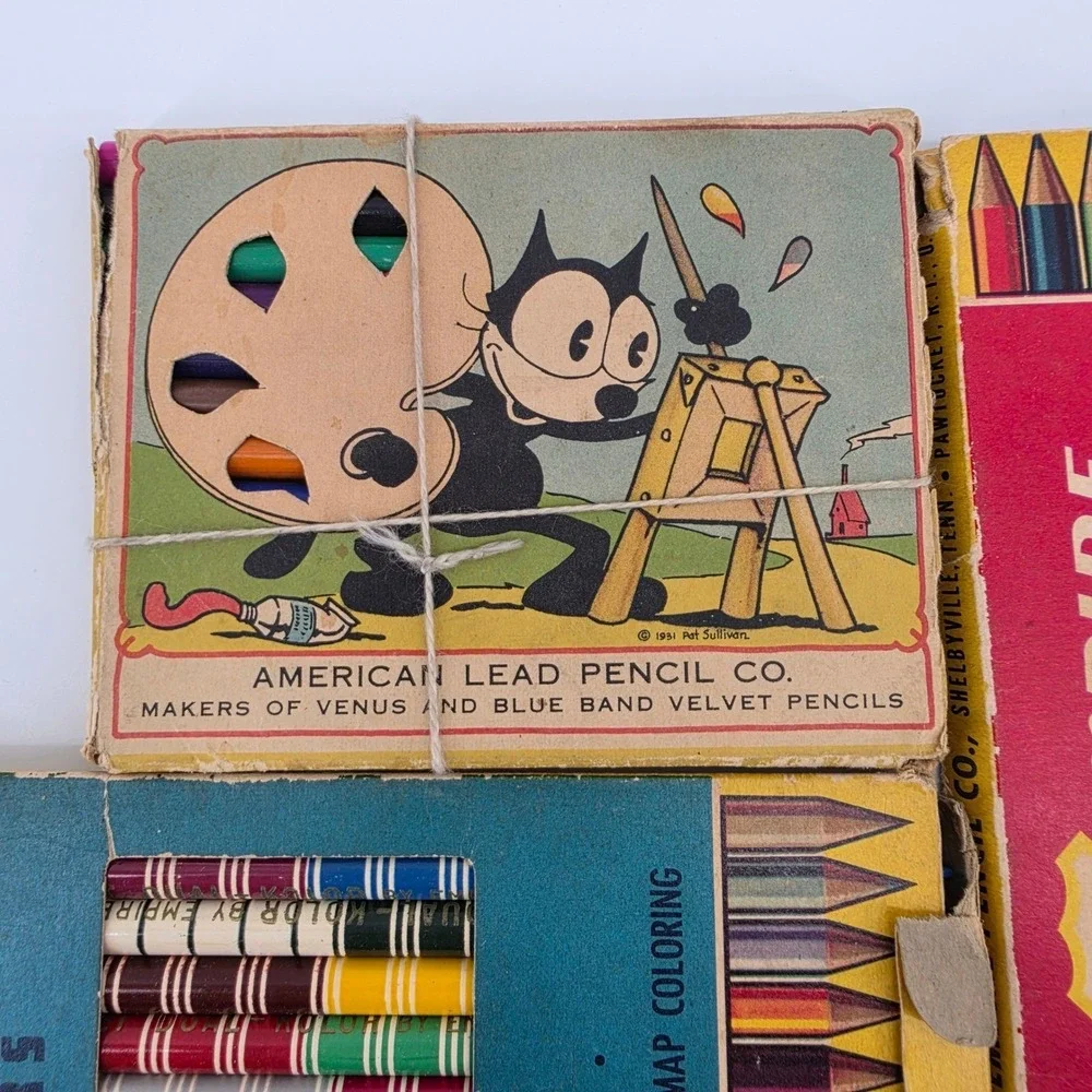 Vintage 1930s Felix the Cat & Boys and Girls of the World Colored Pencil Boxes